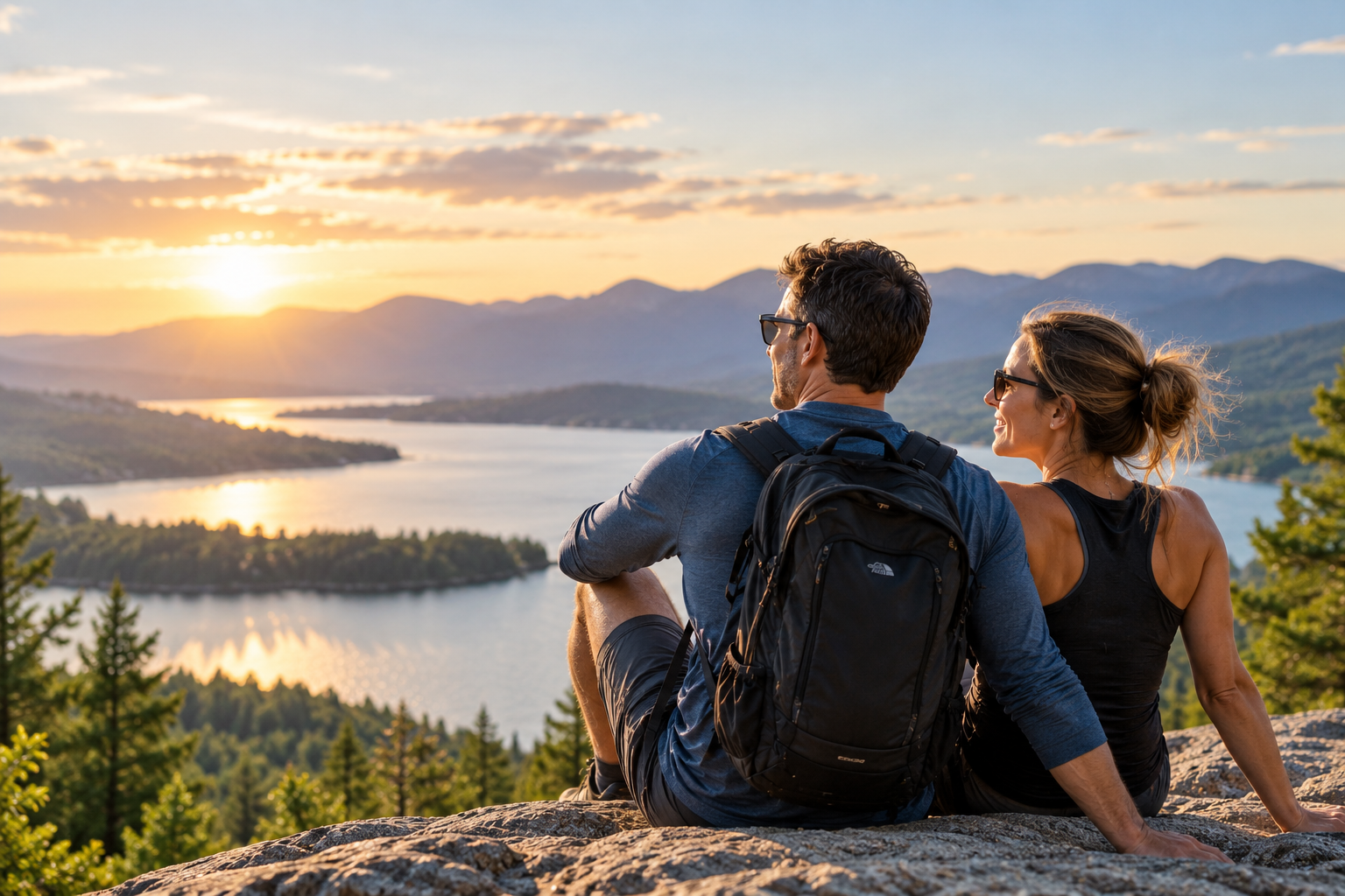 Couple sitting on a rock at sunset overlooking a lake